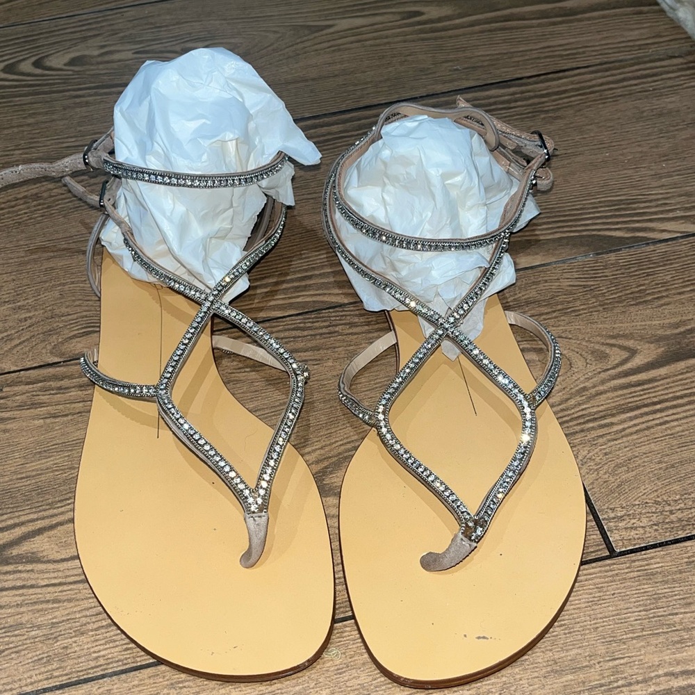 Lola Craig taupe and rhinestone gladiator sandals